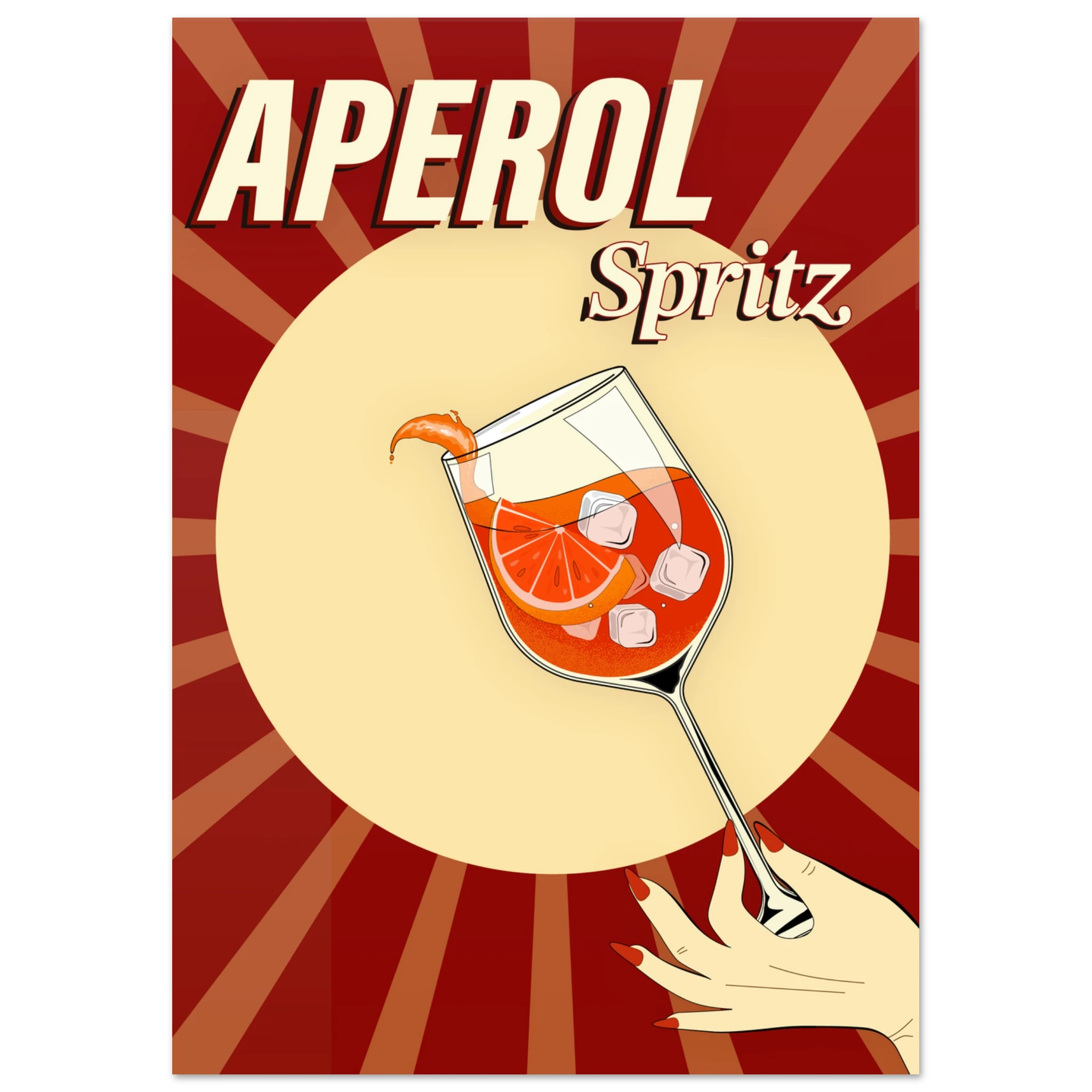 Poster Aperol Spritz vintage pop con raggi rétro e bicchiere cocktail, wall art aperitivo italiano