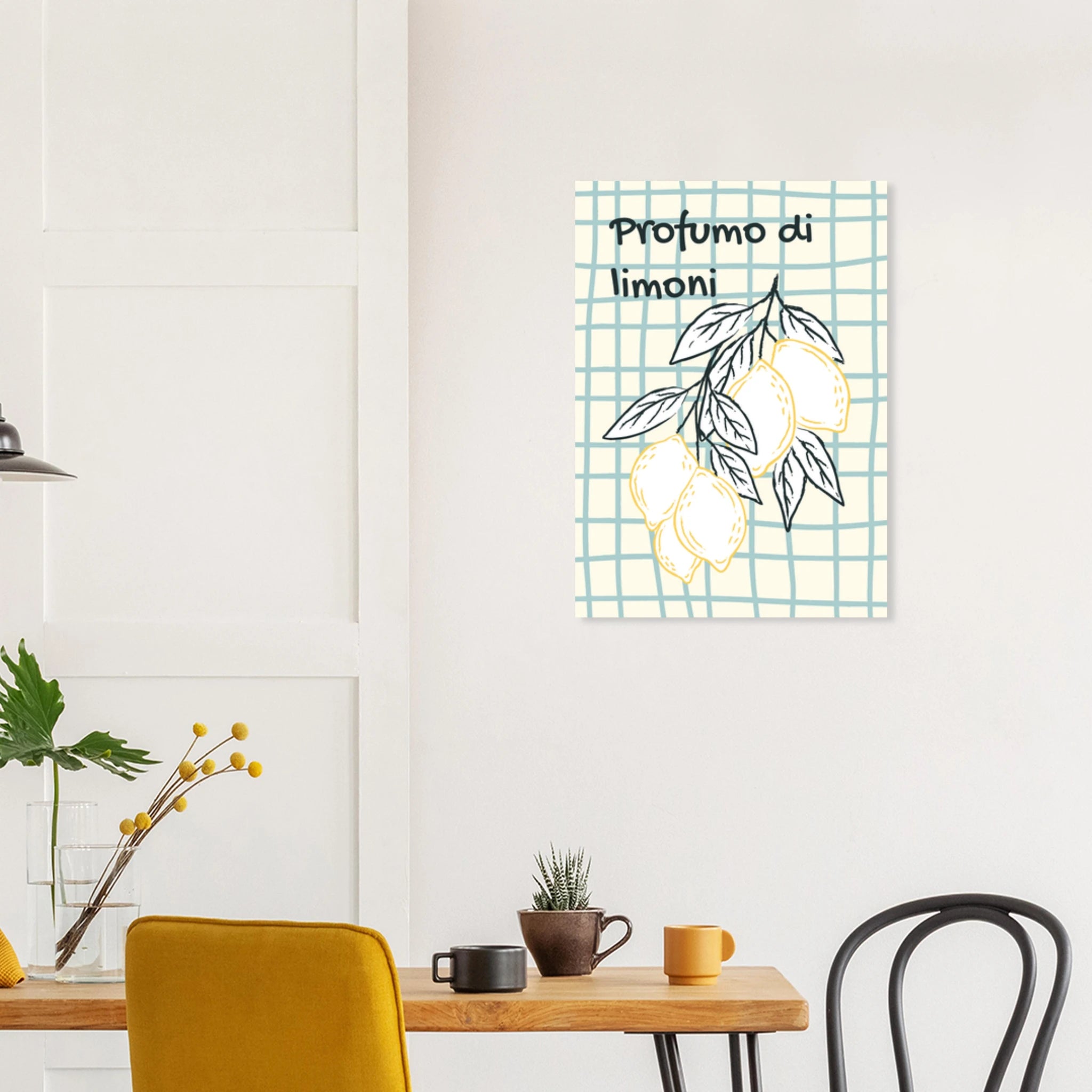 Poster illustrato con limoni e foglie, stile mediterraneo italiano