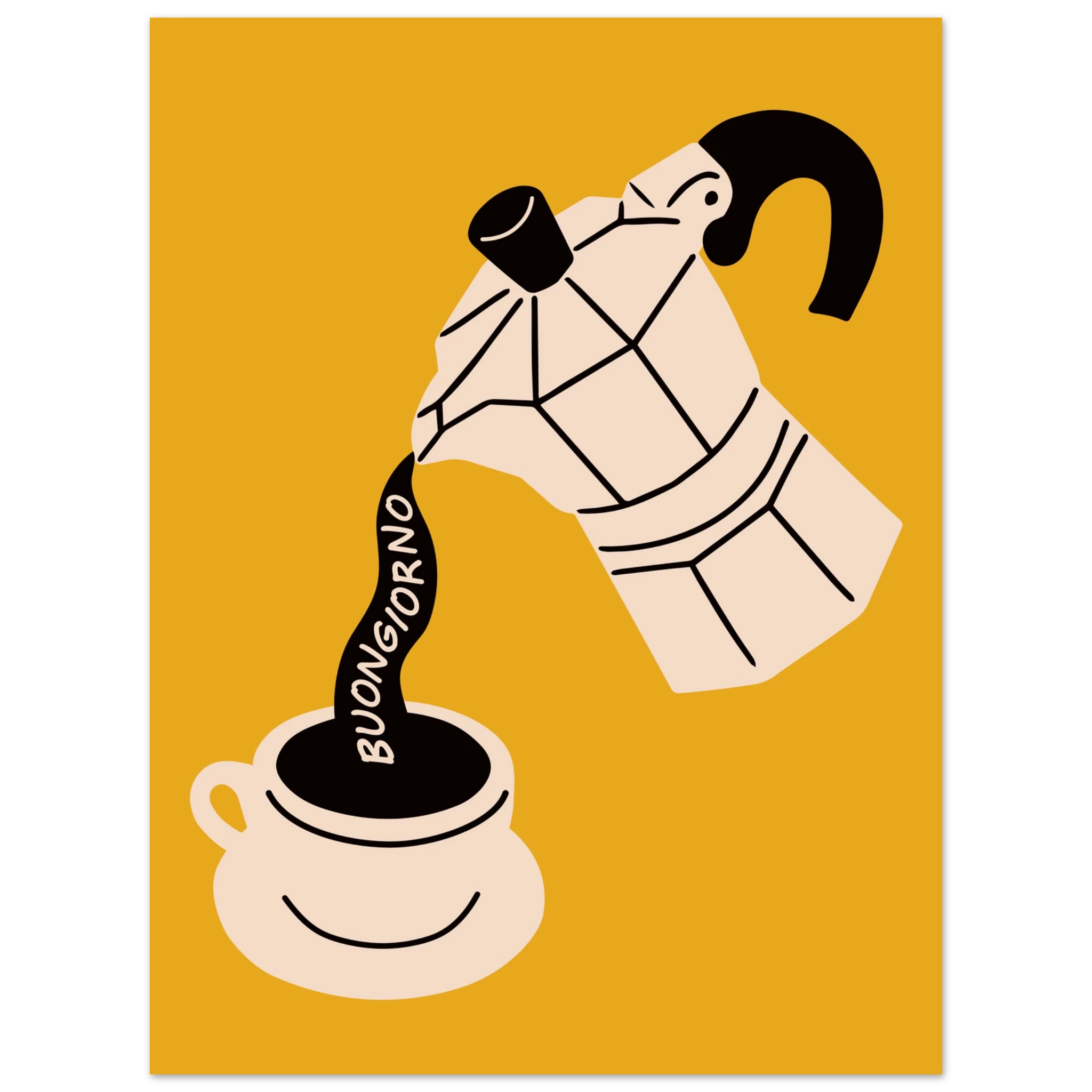 Poster illustrato con tazza di caffè, rito quotidiano italiano