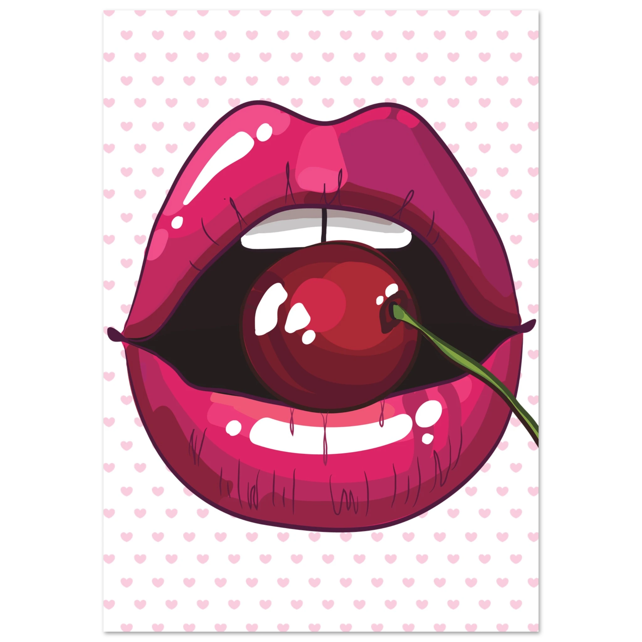 Poster pop art con bocca rosa lucida e ciliegia rossa, stile glamour moderno su sfondo chiaro con cuori