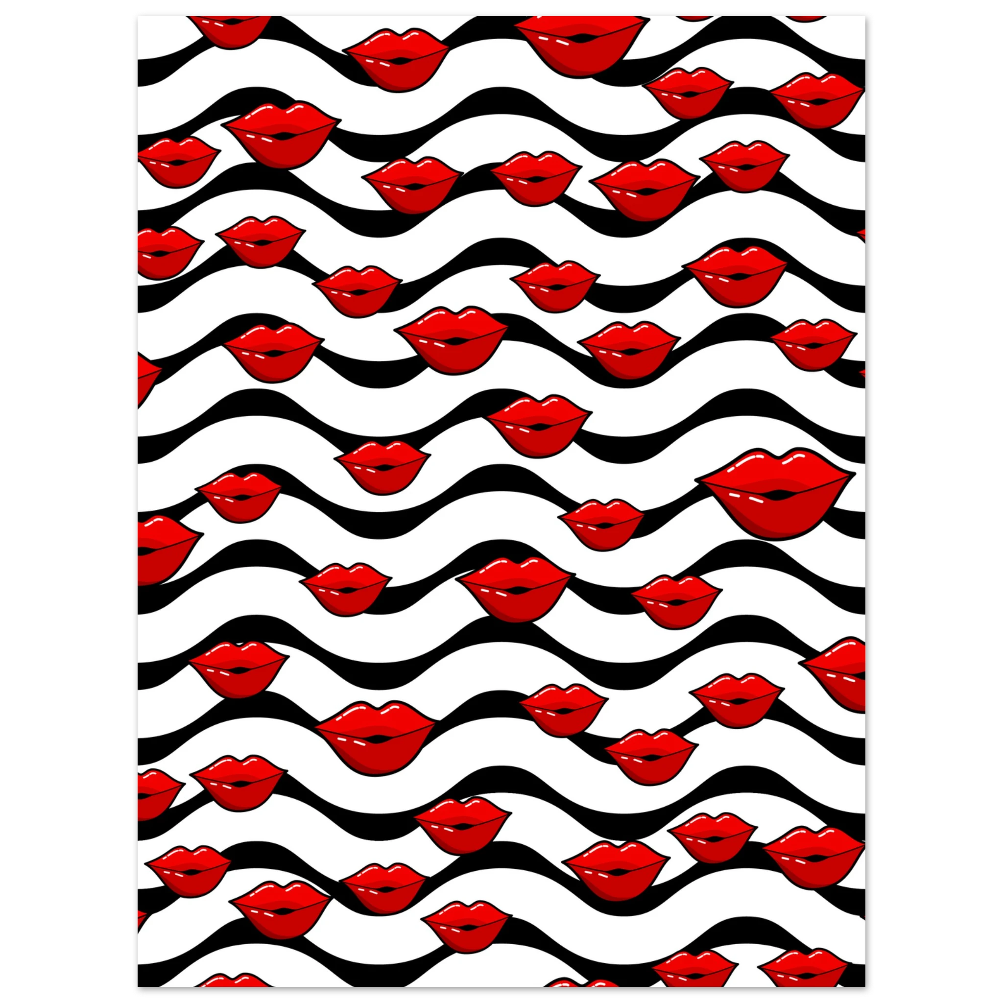 Poster pop art con labbra rosse ripetute su sfondo bianco e onde nere, pattern grafico moderno da parete