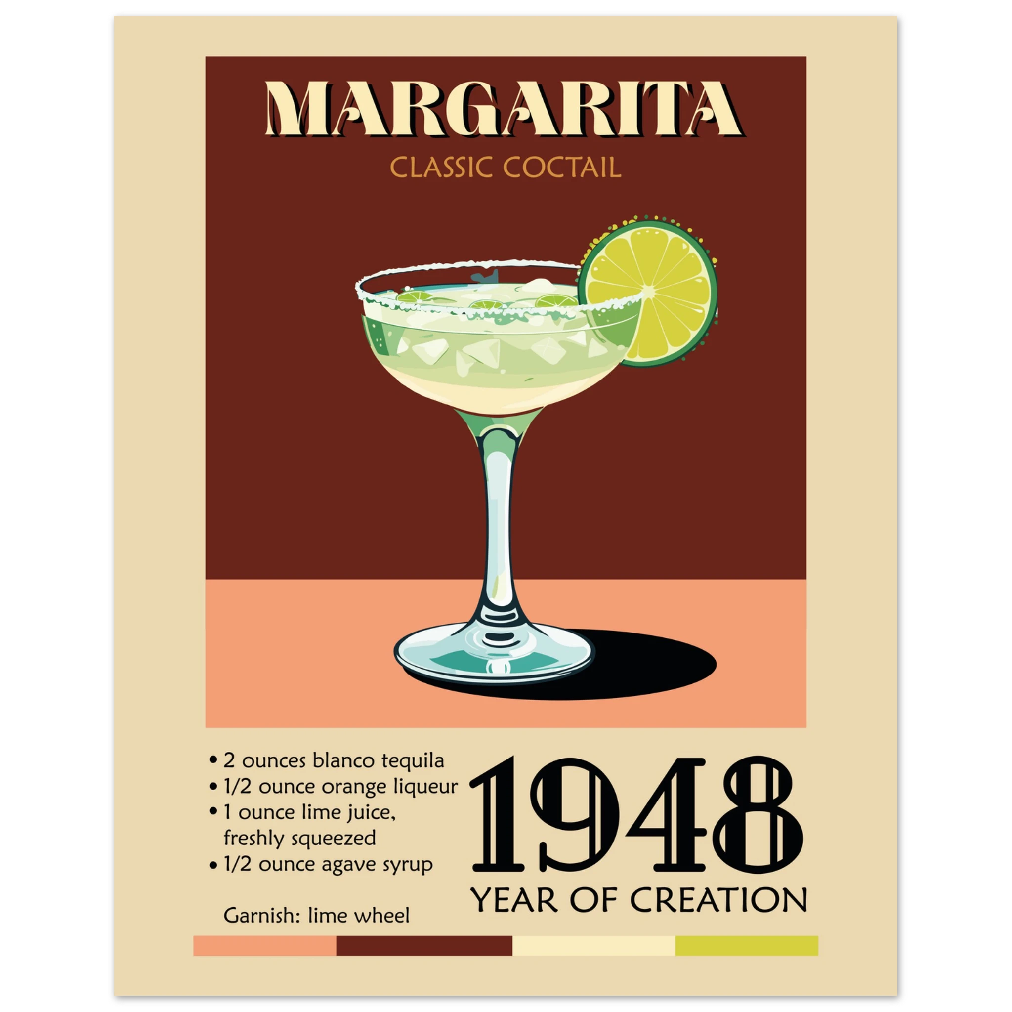 Poster Margarita vintage con cocktail verde e lime, grafica retrò classic cocktail per cucina e angolo bar