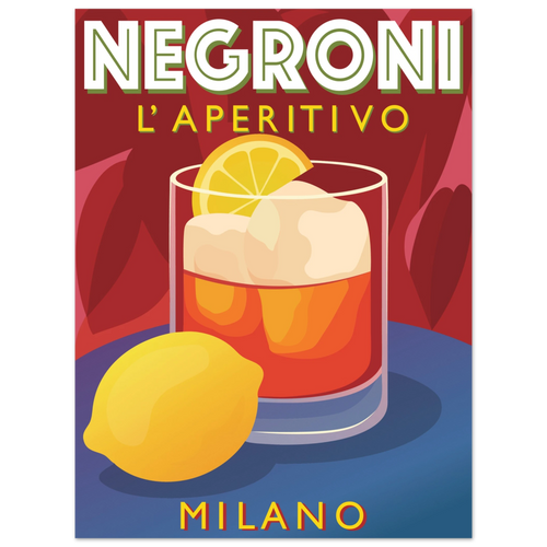 Poster illustrato Campari con bicchiere rosso e limone, stile pop art italiano rétro, grafica elegante da parete.