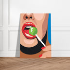 Poster Sweet Pop con labbra rosse che mangiano lecca lecca verde, illustrazione pop art moderna wall art contemporanea
