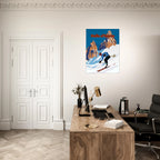 Poster Valle d’Aosta con sciatore in discesa e montagne alpine, illustrazione grafica moderna stile travel vintage wall art
