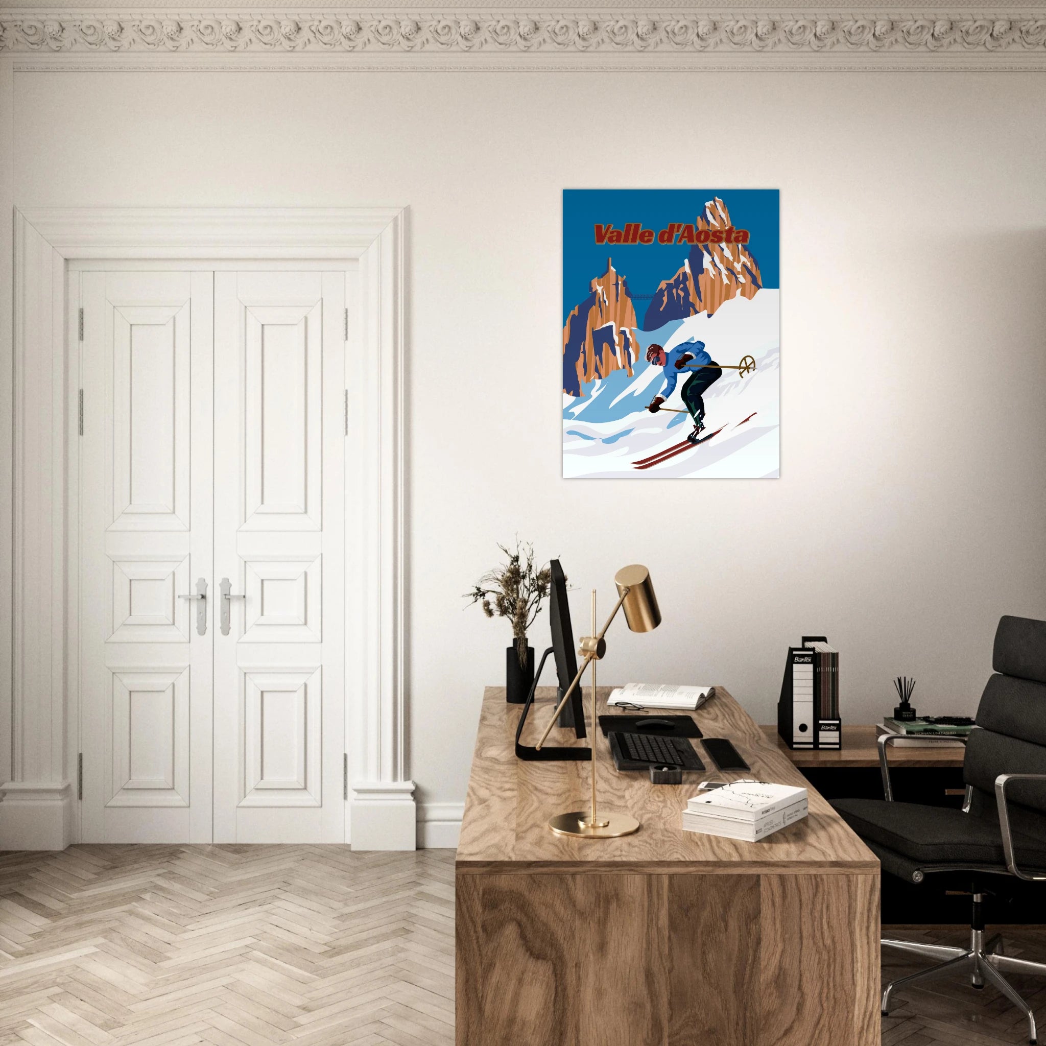 Poster Valle d’Aosta con sciatore in discesa e montagne alpine, illustrazione grafica moderna stile travel vintage wall art
