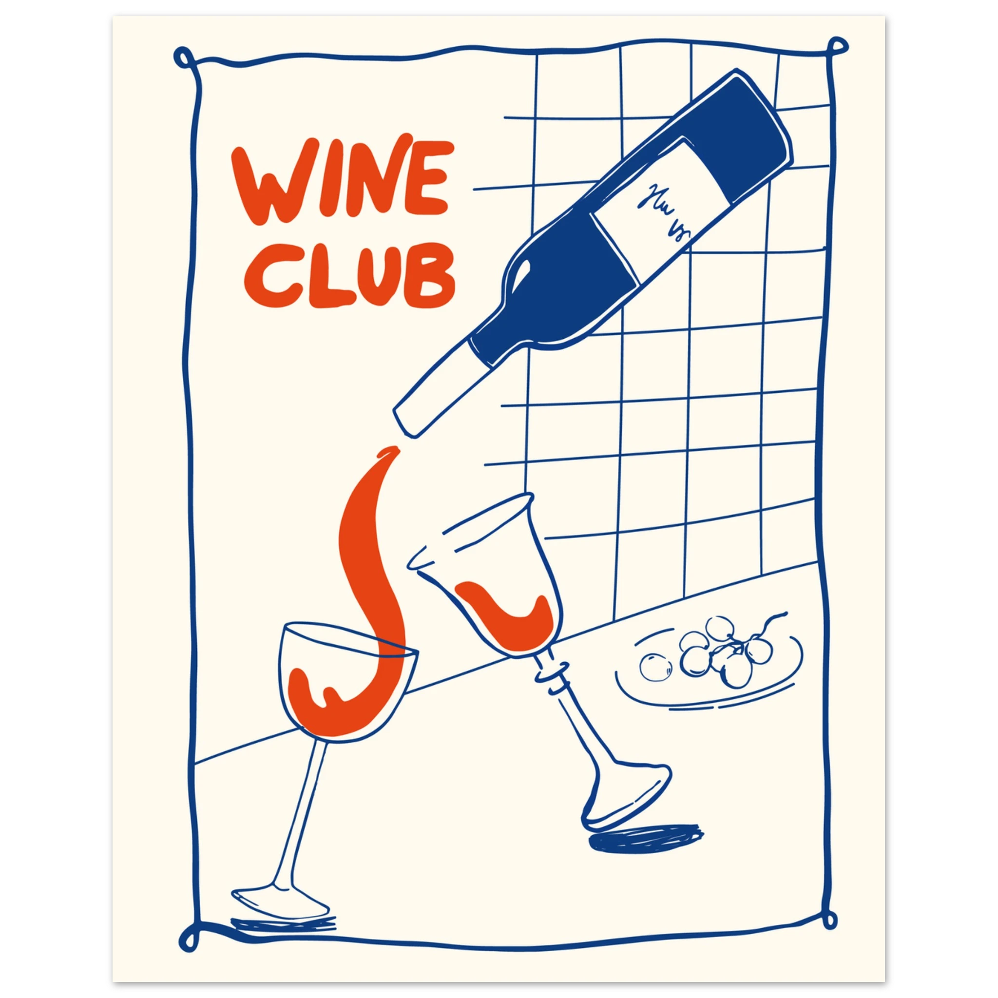 Poster Wine Club con illustrazione di bottiglia di vino e due calici, stile doodle moderno