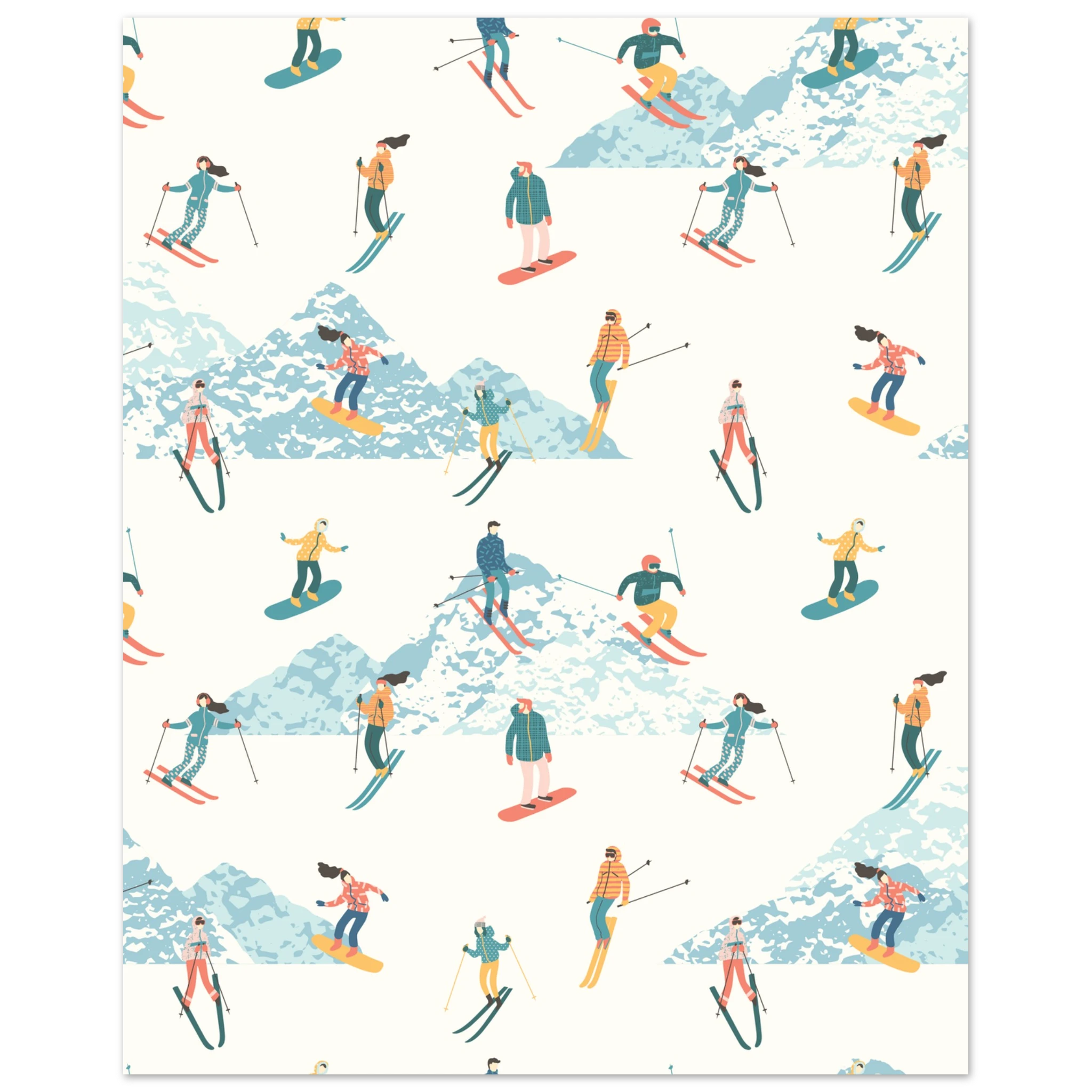 Poster sci illustrato con gruppo di sciatori e snowboarder, arte moderna di montagna