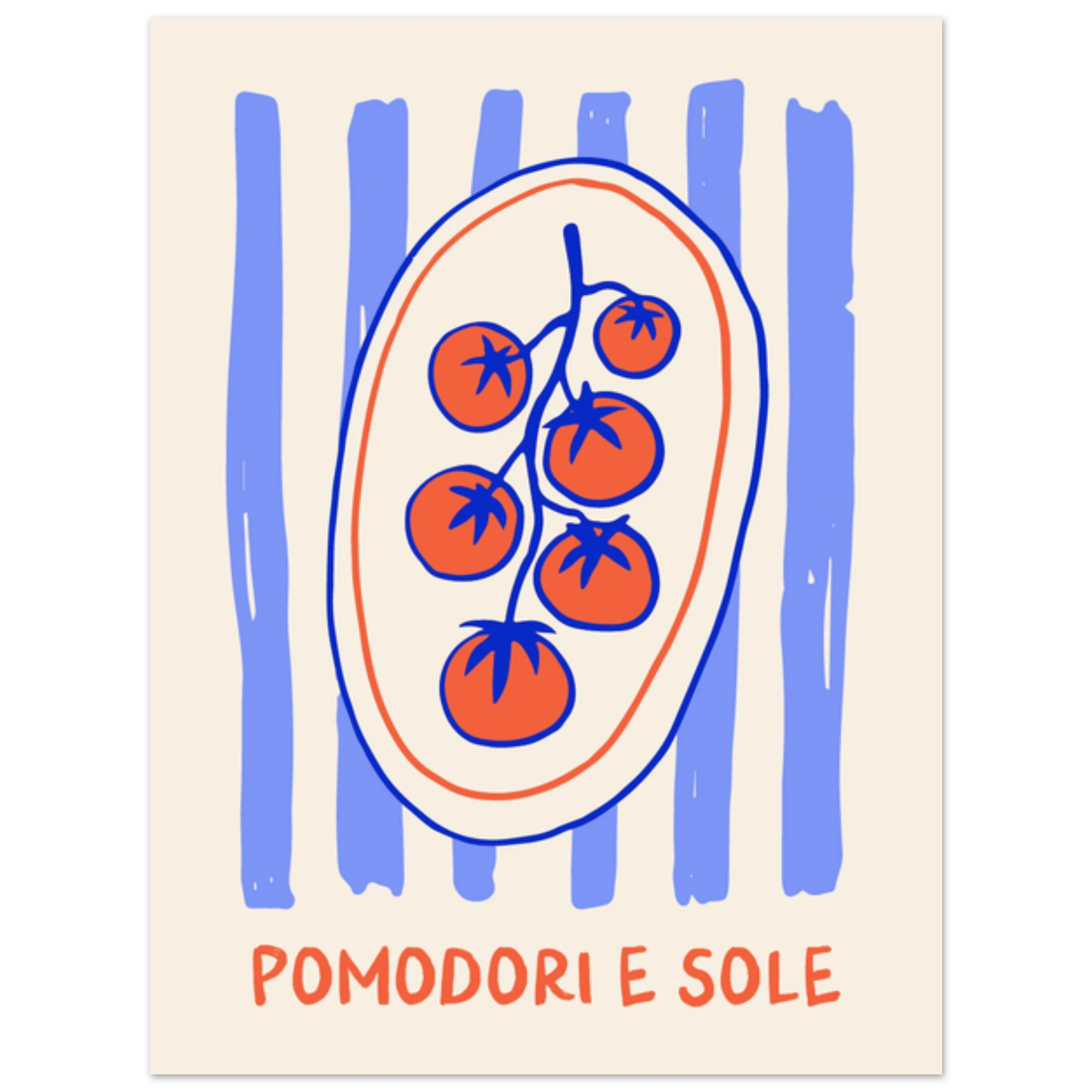 Poster illustrato con pomodori e sole, stile mediterraneo italiano