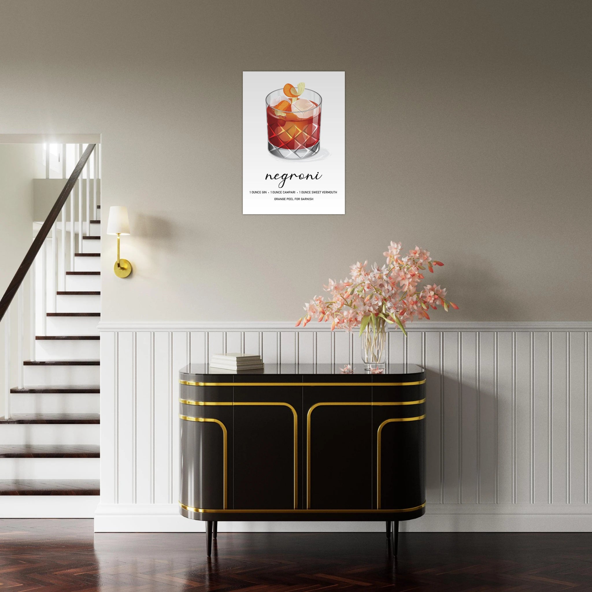Poster Negroni moderno con bicchiere cocktail e ricetta, stile minimal elegante per angolo bar