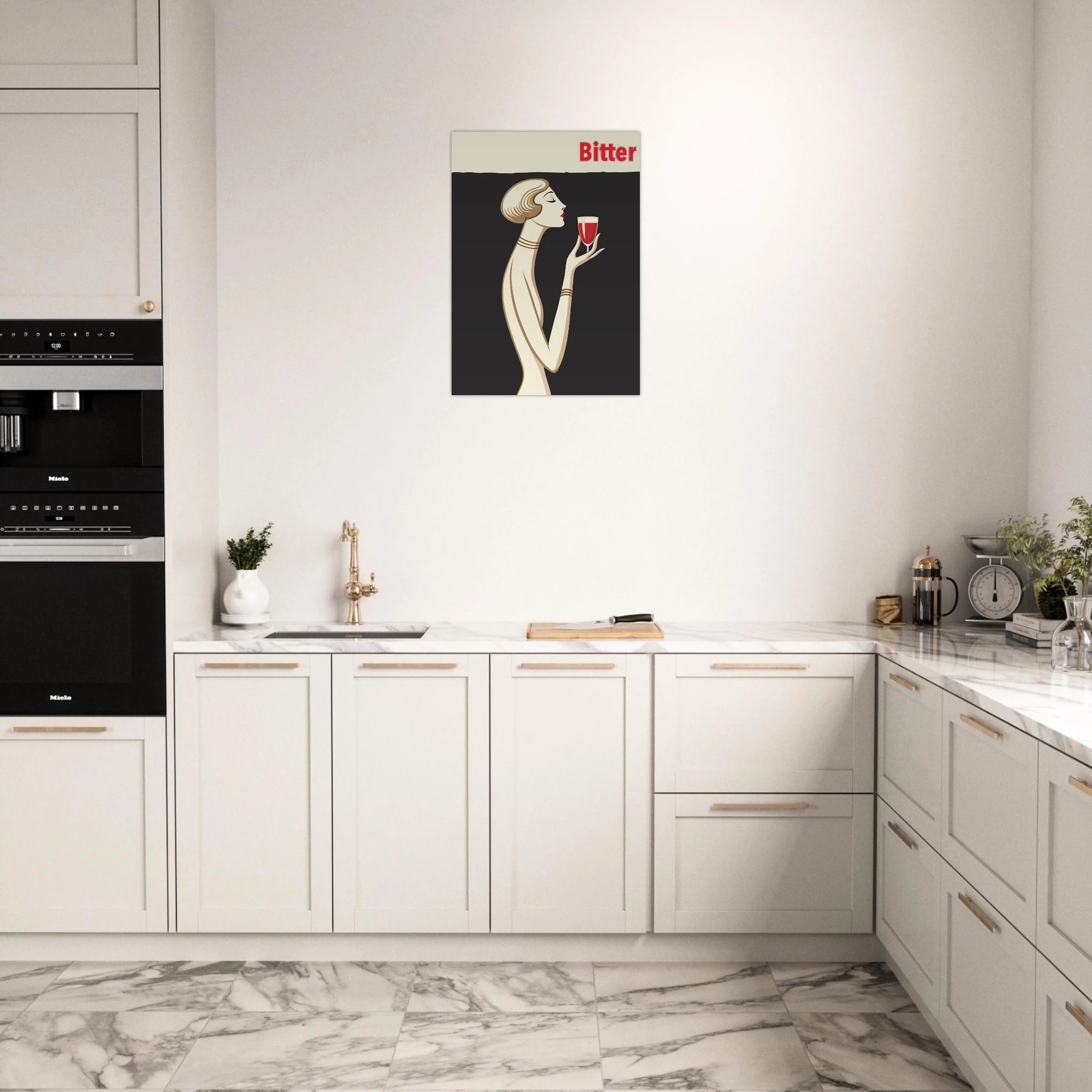 Poster Bitter in stile Art Déco con donna elegante che tiene un calice rosso, grafica vintage