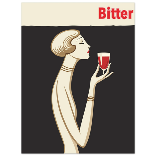 Poster Bitter in stile Art Déco con donna elegante che tiene un calice rosso, grafica vintage