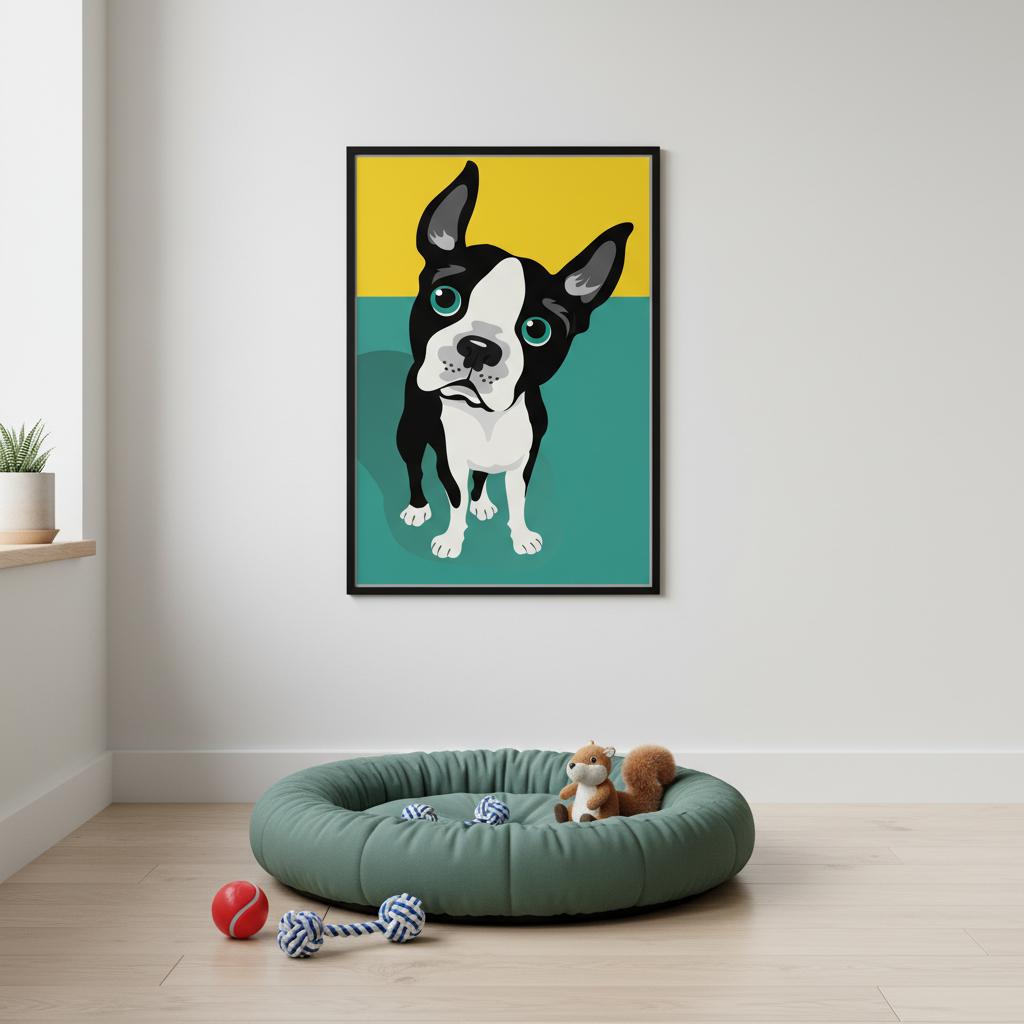 Illustrazione pop art di un Boston Terrier su sfondo verde e giallo, poster moderno per decorazione casa.