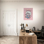 Poster per bambini con gatto astronauta illustrato in stile giocoso