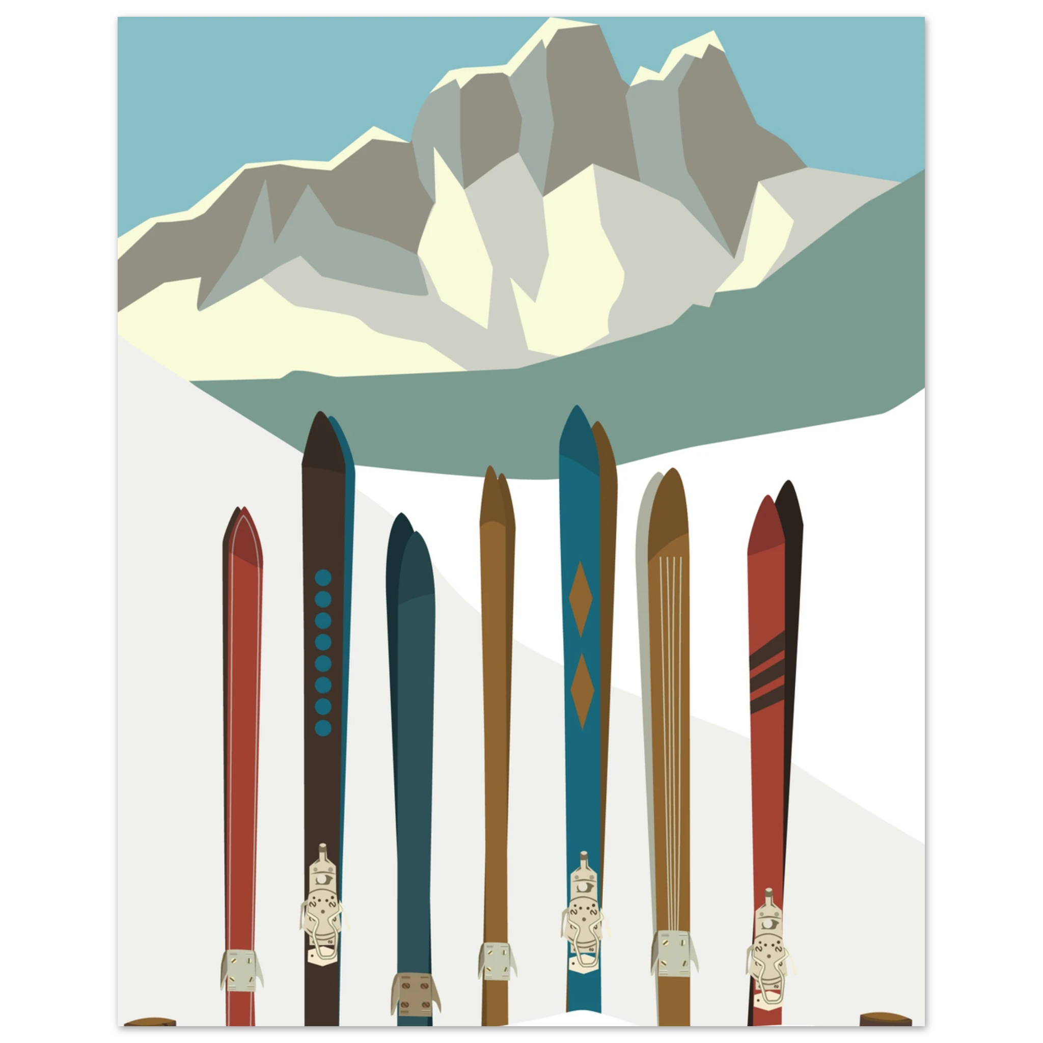Poster montagna illustrato con sci colorati sulla neve, stile vintage alpino