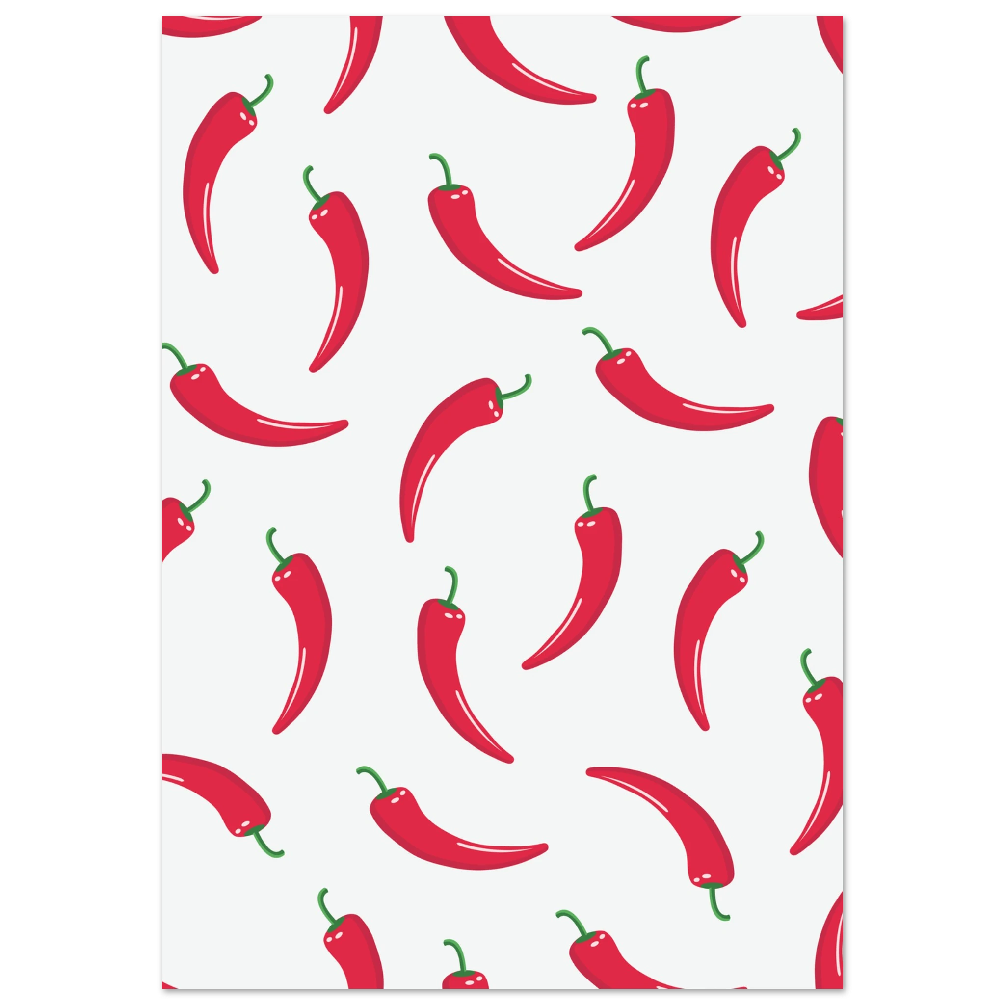 Poster con peperoncini rossi ripetuti su sfondo bianco, stile pop art moderno e minimal.