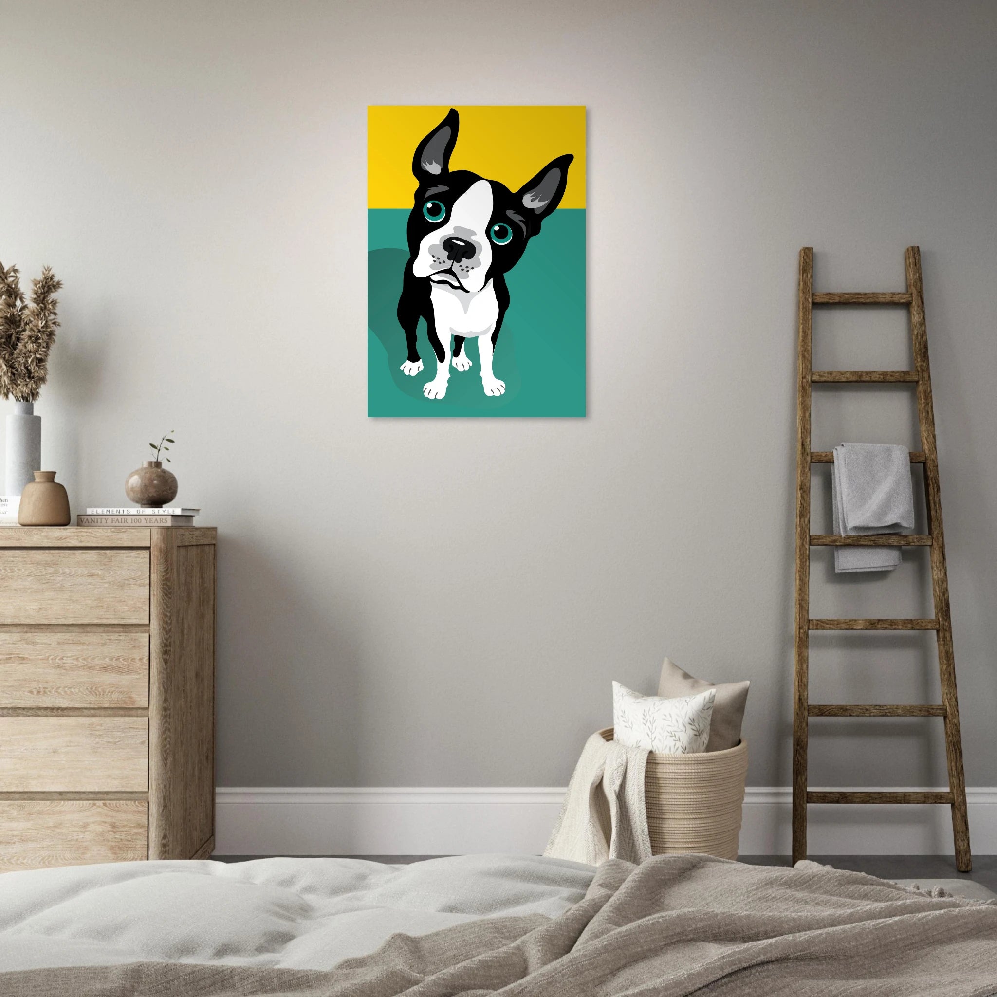 Illustrazione pop art di un Boston Terrier su sfondo verde e giallo, poster moderno per decorazione casa.