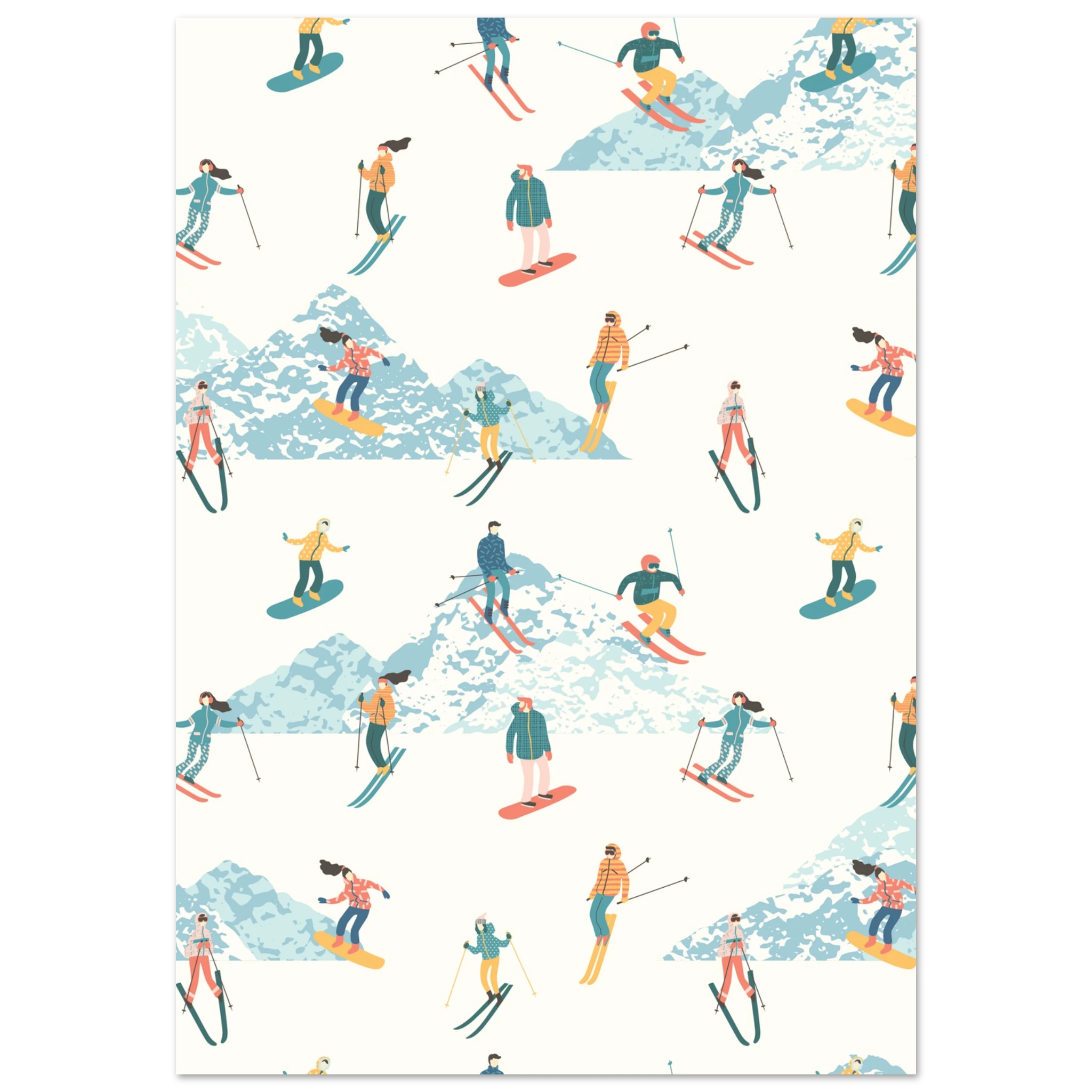 Poster sci illustrato con gruppo di sciatori e snowboarder, arte moderna di montagna