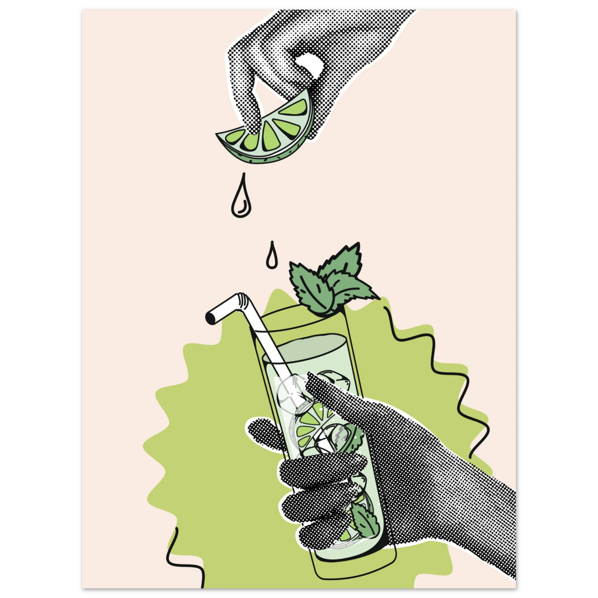 Illustrazione collage: una mano tiene un bicchiere con cannuccia e foglie di menta mentre un lime viene spremuto sopra, con gocce di succo.