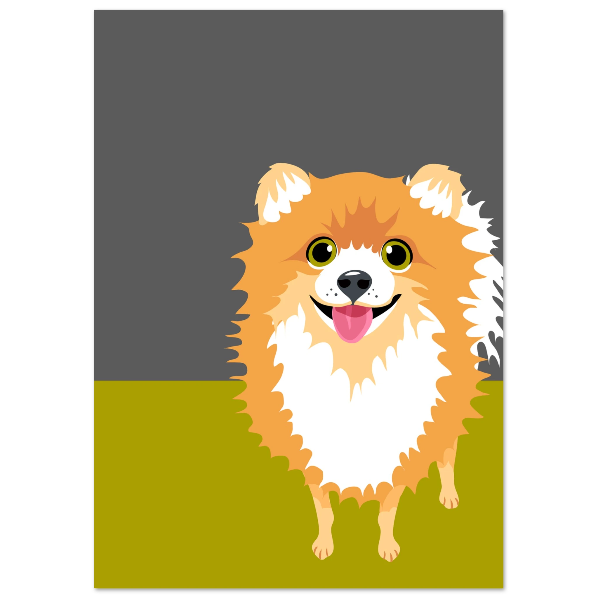 Poster pop art con illustrazione di un volpino, cane soffice e simpatico, decorazione moderna per casa e amanti dei cani.