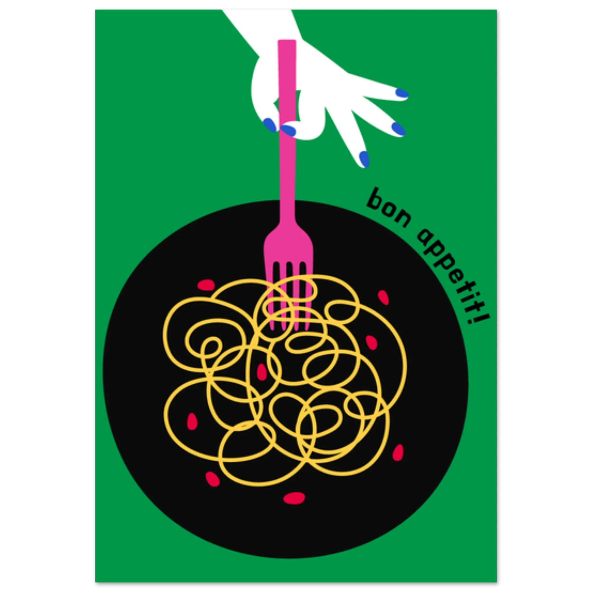 Poster illustrato con piatto di pasta in stile moderno, convivialità italiana