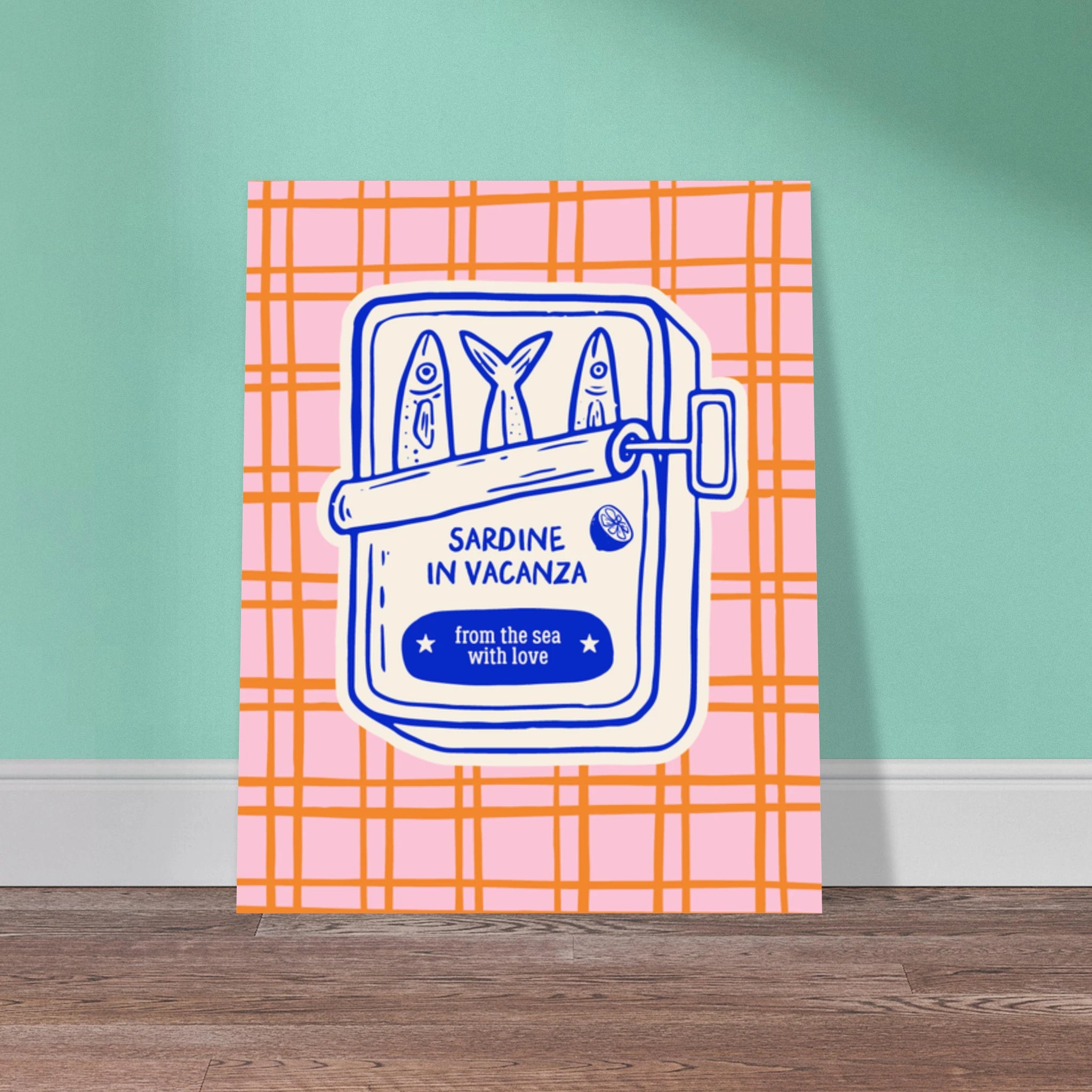 Poster illustrato con sardine e mare, stile di vita mediterraneo italiano