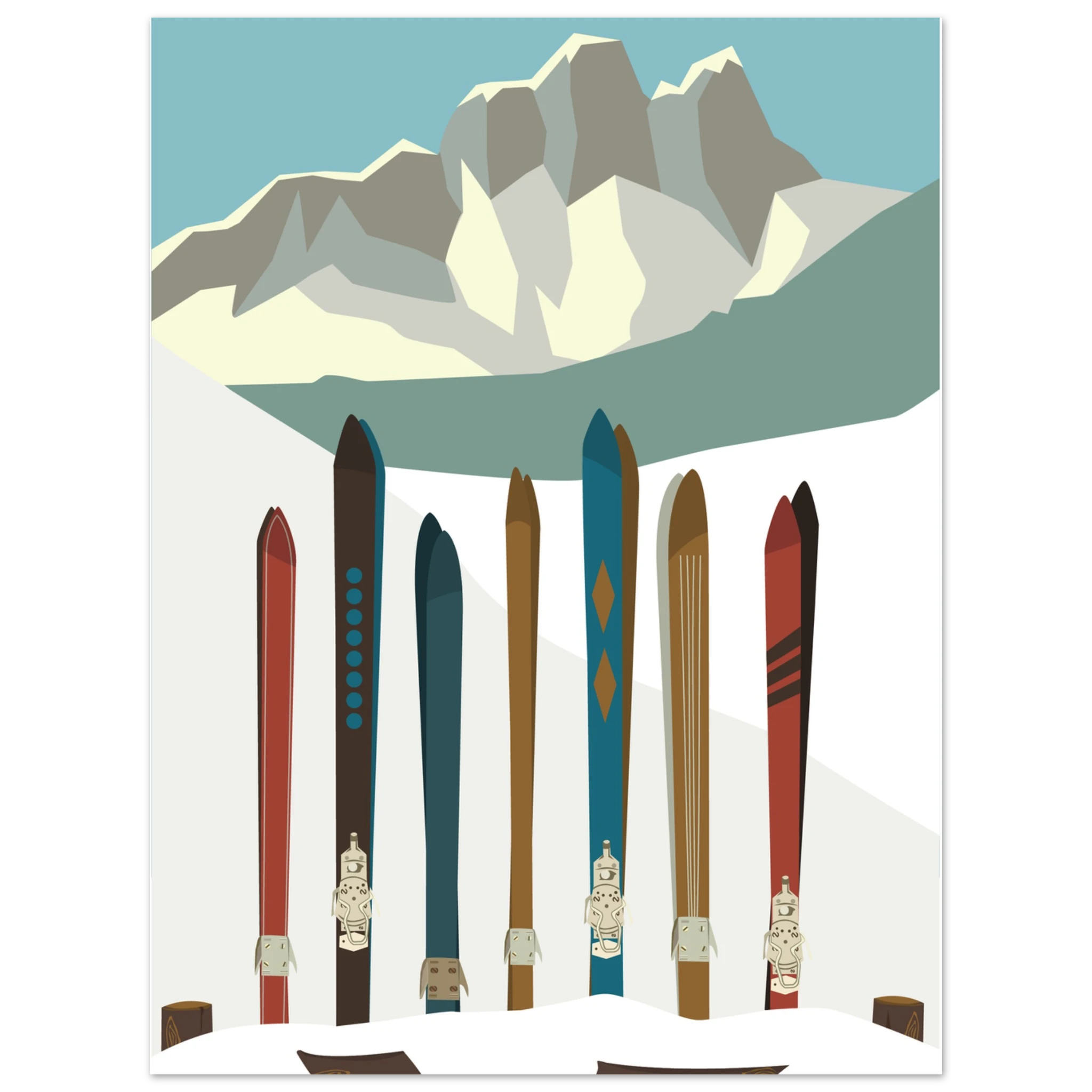 Poster montagna illustrato con sci colorati sulla neve, stile vintage alpino