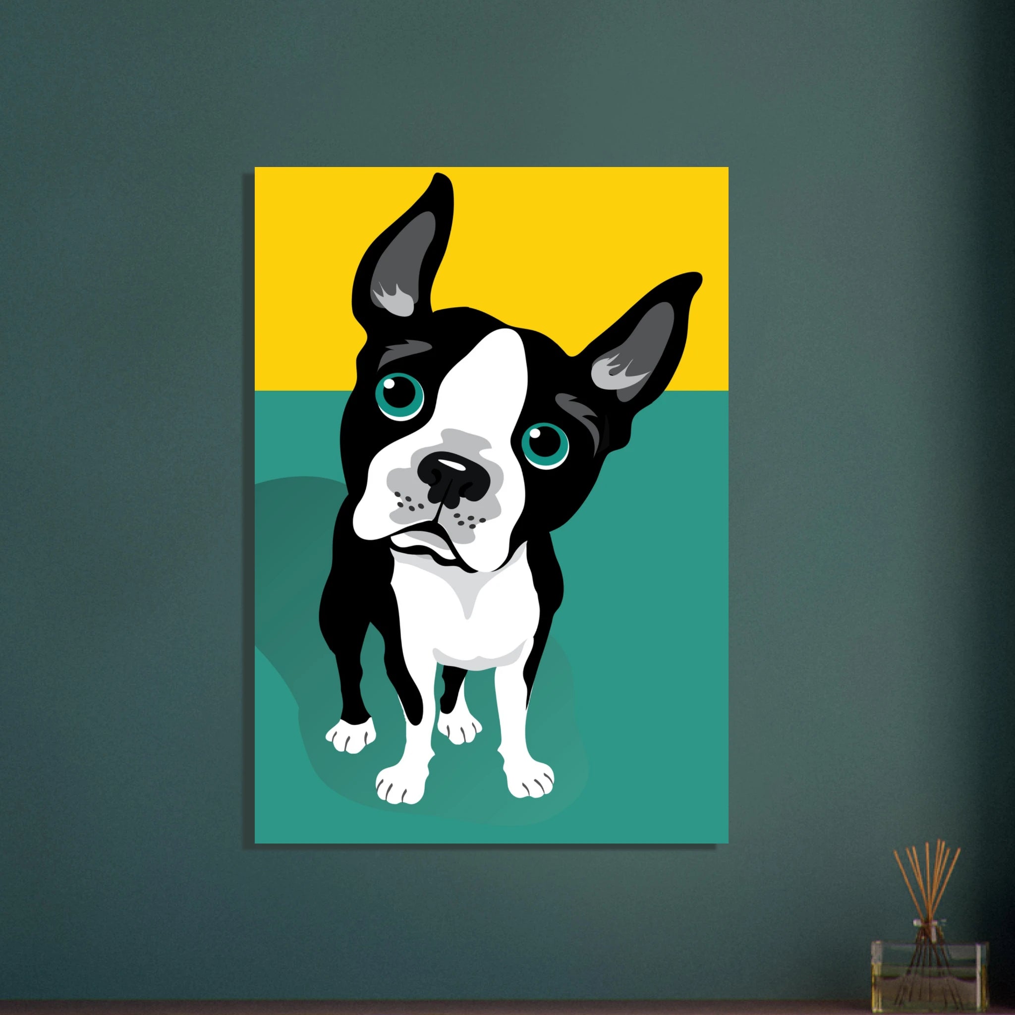 Illustrazione pop art di un Boston Terrier su sfondo verde e giallo, poster moderno per decorazione casa.