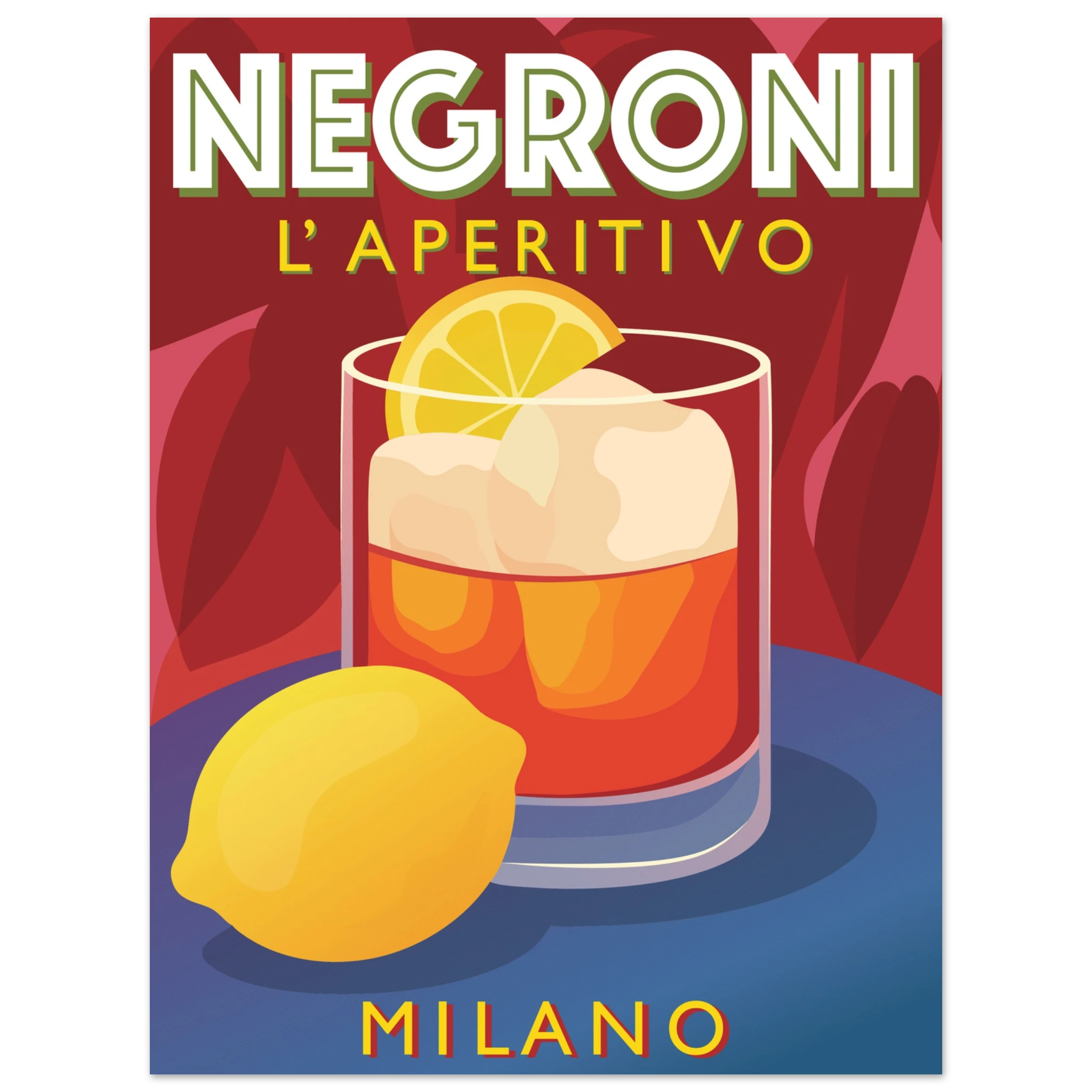 Poster illustrato Campari con bicchiere rosso e limone, stile pop art italiano rétro, grafica elegante da parete.