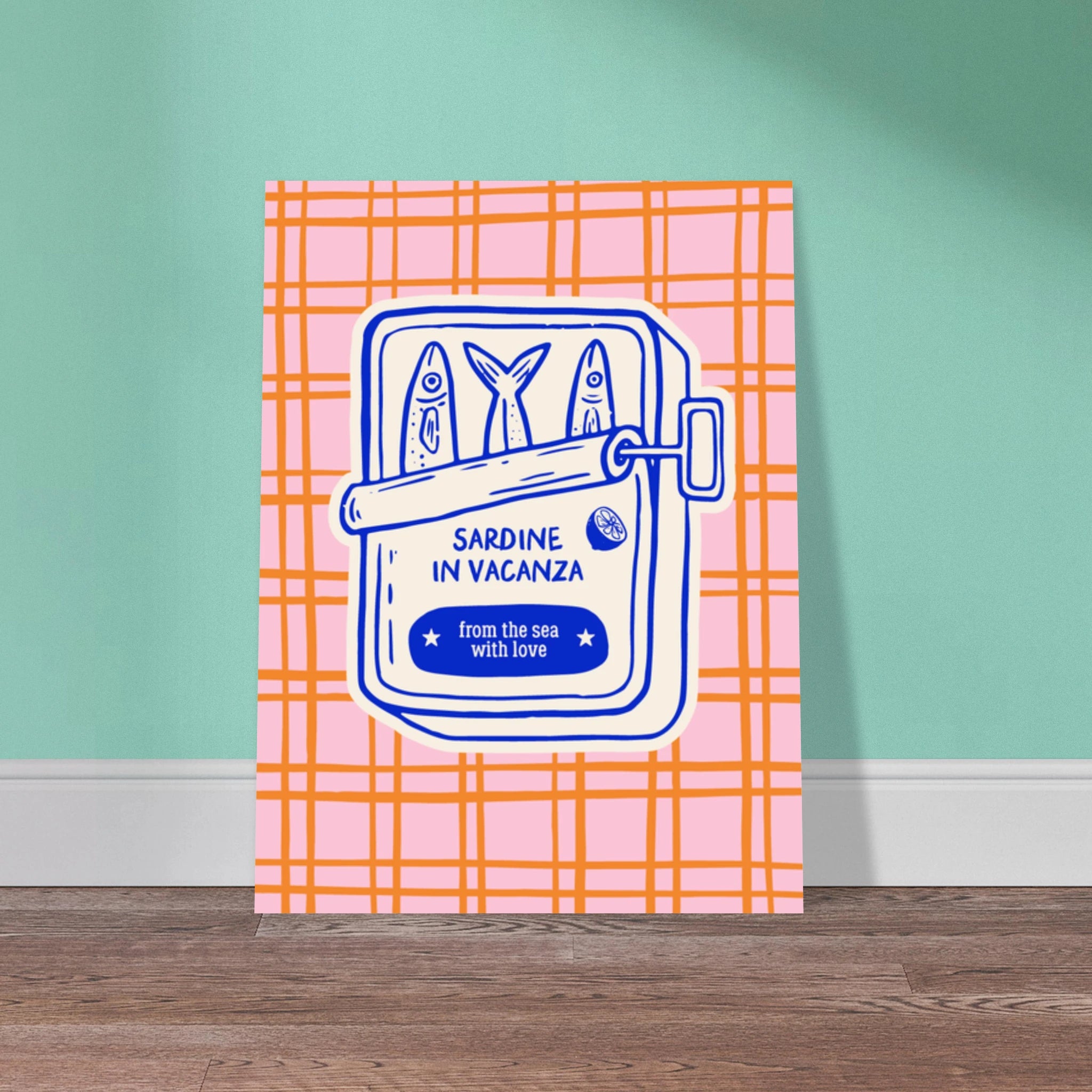 Poster illustrato con sardine e mare, stile di vita mediterraneo italiano