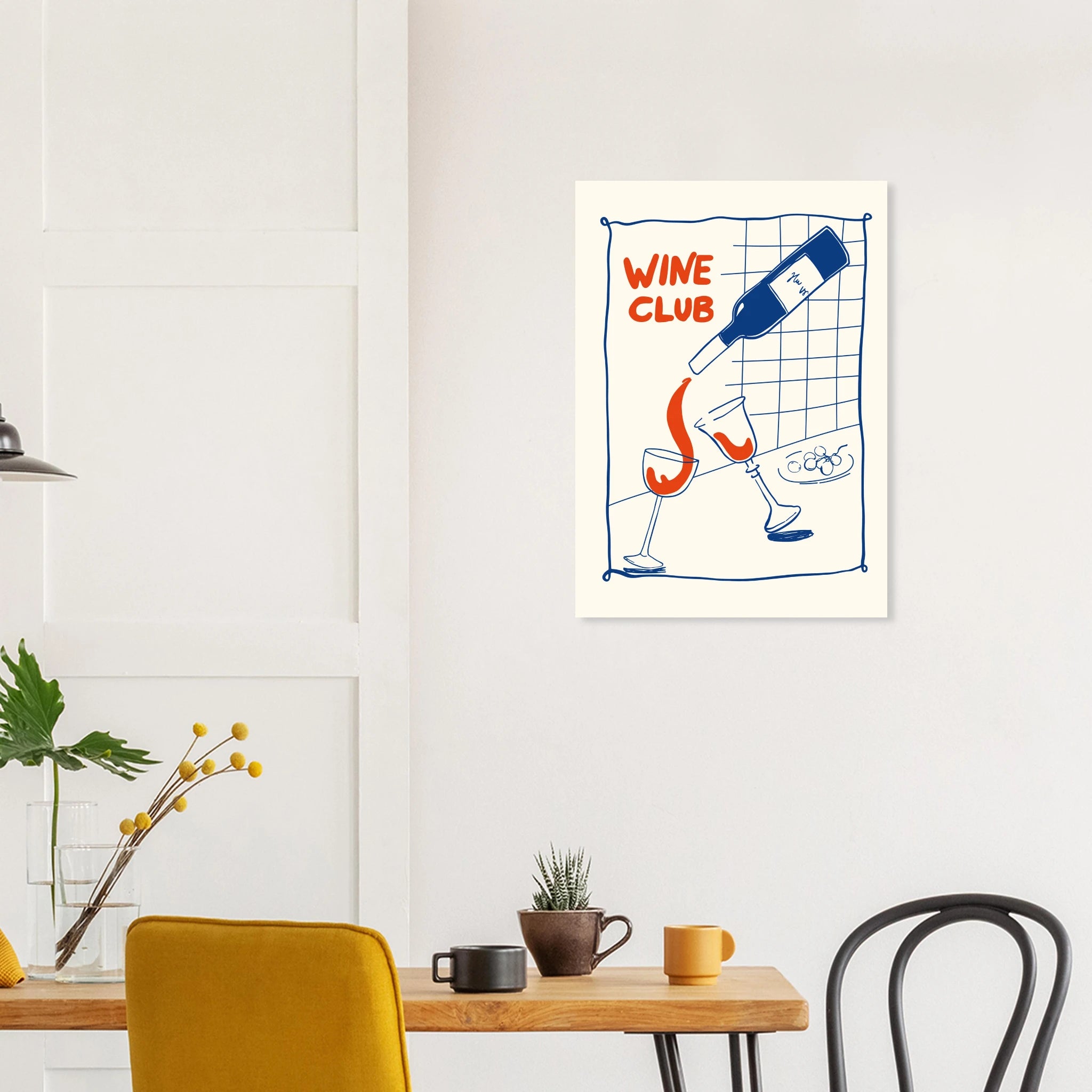 Poster Wine Club con illustrazione di bottiglia di vino e due calici, stile doodle moderno
