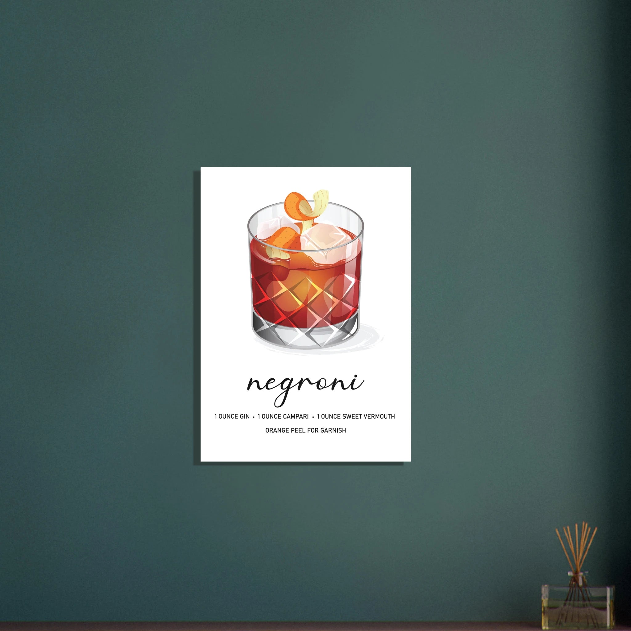 Poster Negroni moderno con bicchiere cocktail e ricetta, stile minimal elegante per angolo bar